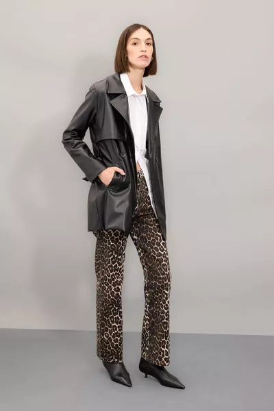 بنطال بالازو قماش جاباردين بنقشة الفهد بقصة مستقيمة، خصر عالي، وجيوب، طويل AU