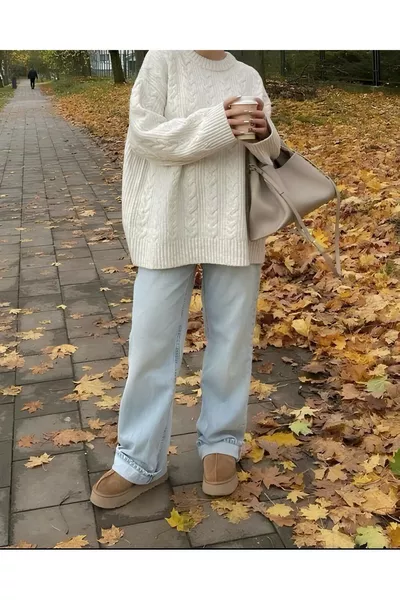 كنزة صوفية نسائية بتصميم ضفيرات، oversized، بأكمام طويلة