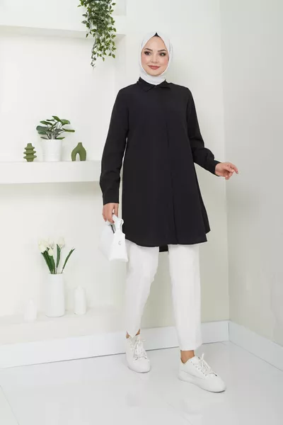 Women's Black Tericotton Hidden Button Boyfriend Modest Shirt