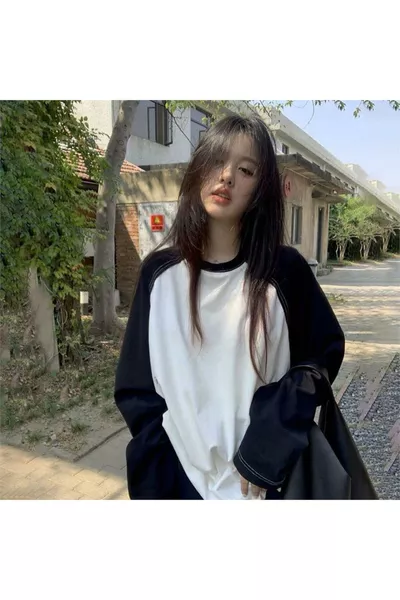 Siyah Raglan Kollu Beyaz Basic Unisex Uzun Kollu