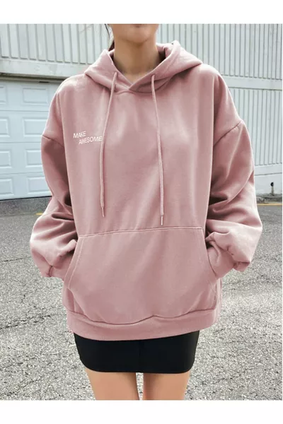 سويتشيرت بقبة بغطاء رأس نسائي بطباعة ثقة بلون أرجواني فاتح بثلاث خيوط