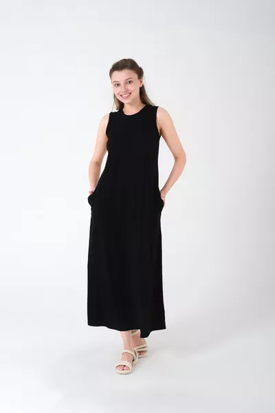 فستان نسائي أسود بسواريه عريض % قطن