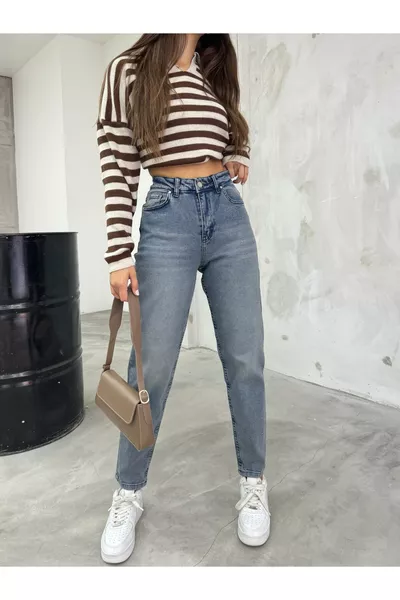 Jean Mom Taille Haute Femme Extensible/Élasthanne