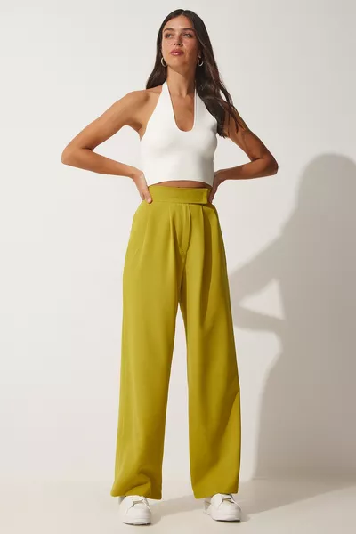Kadın Yağ Yeşili Beli Cırt Cırt Kapamalı Bol Pantolon 