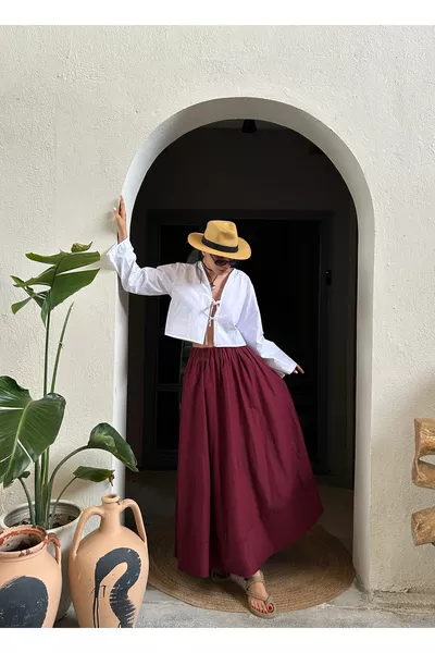 تنورة طويلة بورجوندي من البوبلين بخصر مطاطي 