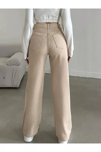 Women's High Waist Beige Jeans Loose Beige Denim Pants Palazzo Julia