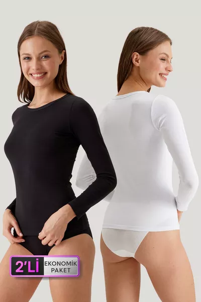 2-Piece Economic Package Black and White  Long Sleeve Basic Cotton T-shirt / Tank Top Set