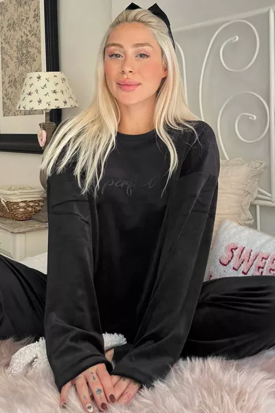Black Perfect Patterned Exclusive Velvet Women's Pajama Set