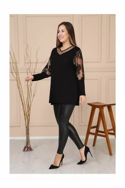 Women's Black V-Neck Long Sleeve Floral Flock Print Blouse