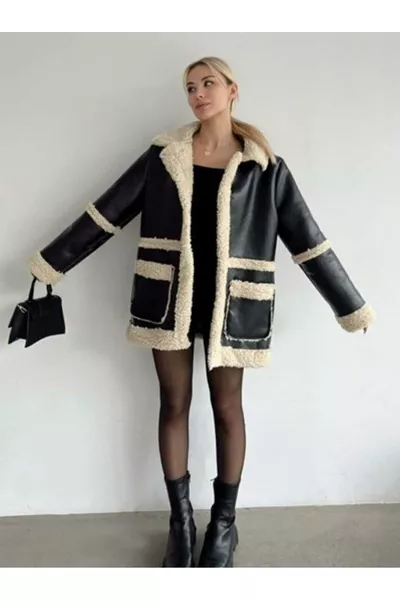 معطف نسائي عالي الجودة بتفاصيل من الفرو الأسود المخملي