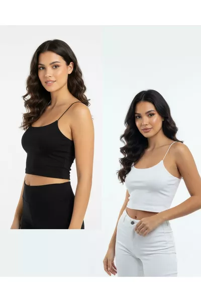 Black and White Two-Piece Set Crop Top with Straps and Lined Bustier Blouse