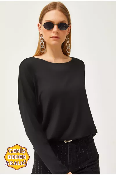 بلوزة نسائية سوداء برقبة دائرية وتدلي فضفاض من الفيسكوز 