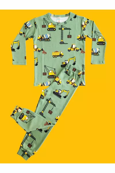 Long Sleeve Patterned Kids' Pajama Set #printedkidspajamaset #laundrygarden #constructionpatternpajamas