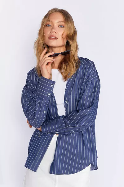 Chemise oversize rayée pour femme bleu marine | 