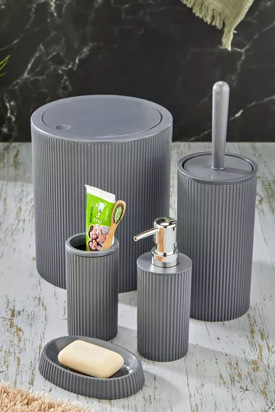 Set da bagno rotondo Linea 5 - Cestino WC spazzola distributore sapone liquido-solido porta spazzolini