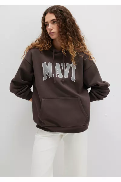 Brown Hoodie Sweatshirt with Logo Print 