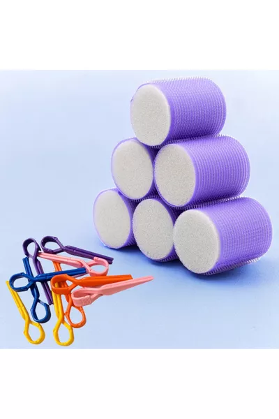  Лилав велкро гъбен ролон за коса, комплект от 6, диаметър 5 см, самозалепващ (с щипка за коса)