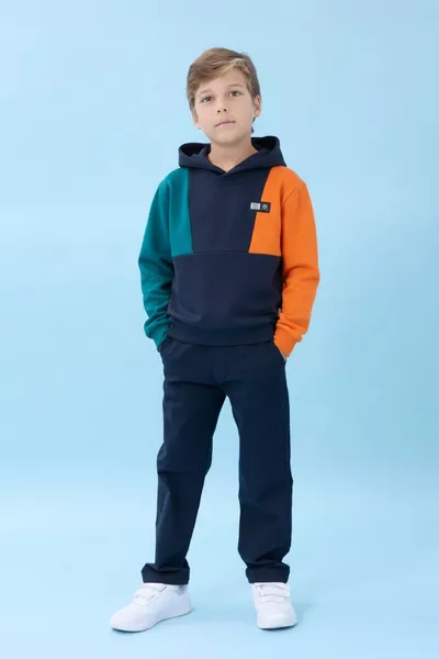 Мъжко детско суичър с качулка и трицветен дизайн, тъмносин