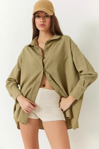 Camicia Donna Spalle Scese Oversize Basic in Tessuto Frisé  