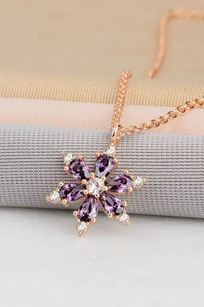  Sterling Silver Chain Rose-Plated Amethyst Teardrop Stone Camellia Lotus Flower Necklace