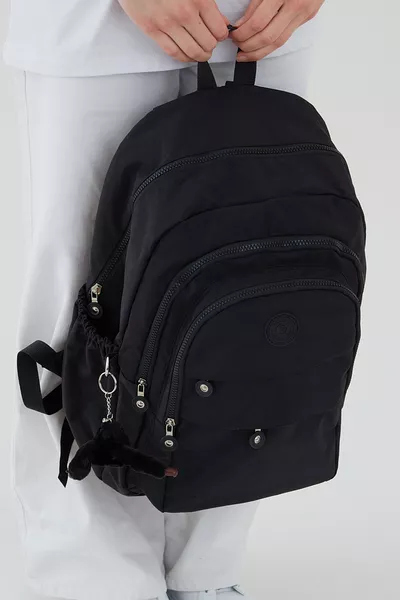 Zaino da viaggio nero unisex in tessuto krinkle resistente all'acqua, grande con molte tasche, per liceo, scuola media e università