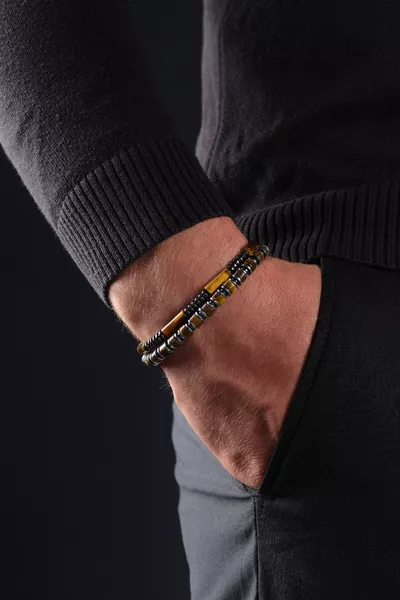 Certified Tiger's Eye and Hematite Combination Natural Stone Gift Men's Bracelet