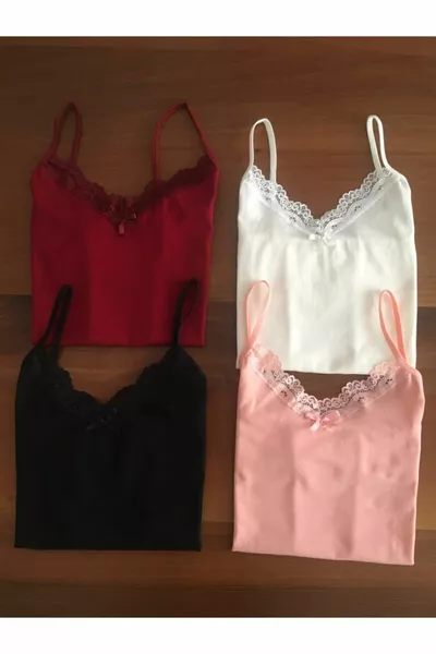 حزمة مكونة من 4 قمصان نسائية بكاميرات من القطن مع ليكرا وبدون أكمام وياقة على شكل V، ألوانها كحلي، بنفسجي، أبيض، وردي