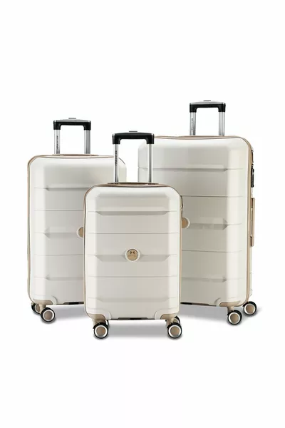 3-Piece Set of Wheeled Unbreakable Suitcases Holiday Dowry Bone Champagne