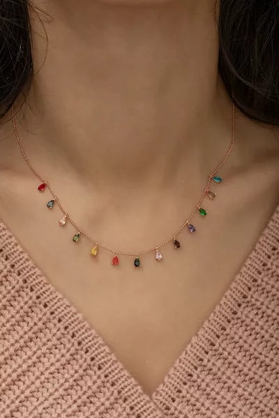  Sterling Silver Women's Necklace with Sequential Droplet Mixed Stones