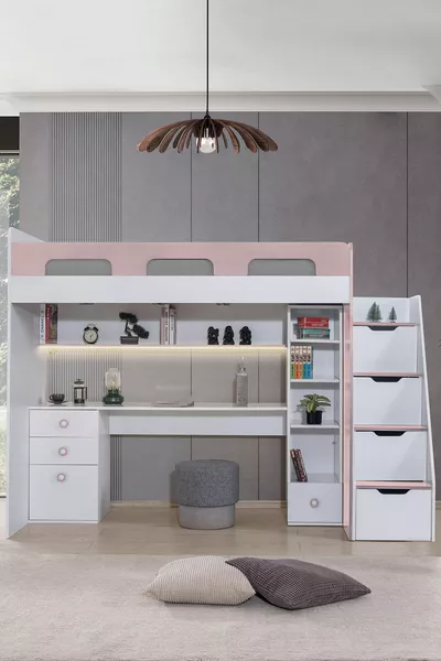 سرير بطابقين، طاولة، مكتبة - وردي