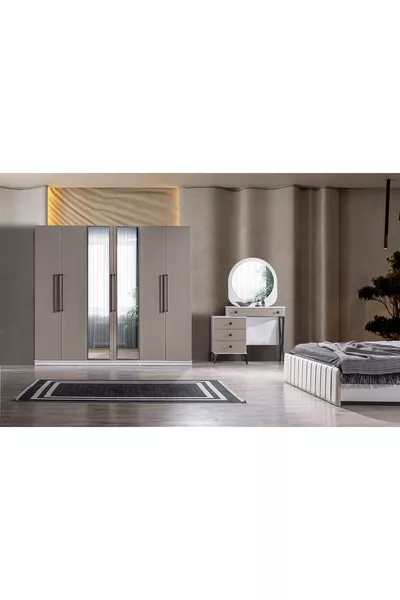 طقم غرفة نوم ستايل (بيج رملي) (خزانة + كومودينو + منضدة جانبية + سرير)