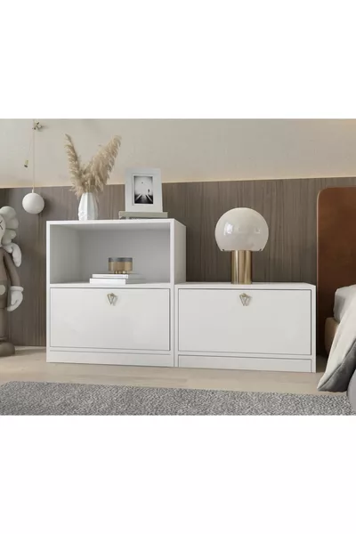 طقم منضدة سرير مزدوجة القطعة قابلة للفصل مع رف وتغطية قابلة للطي بدون أرجل، غير لامع