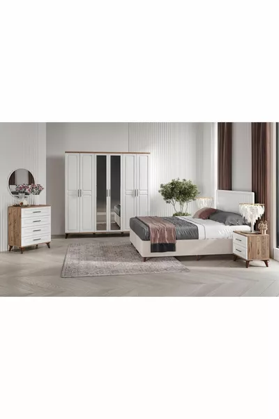 طقم غرفة نوم مونتاج كامل MDF سبورت بستة أبواب لون شجر الصنوبر الأطلسي-أبيض (مع قاعدة سرير)