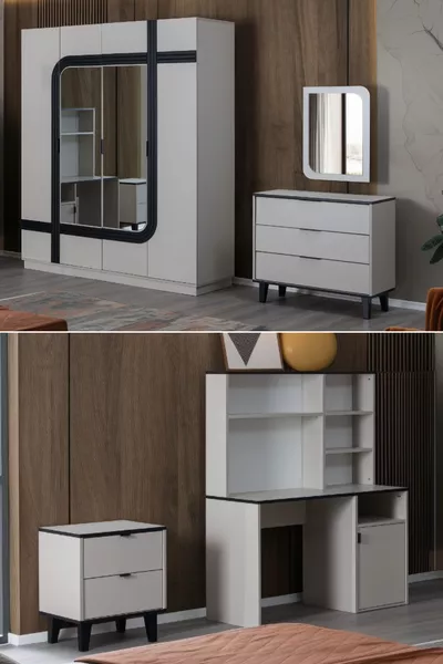 غرفة نوم شبابية بالي - خزانة بأربعة أبواب، مكتب دراسة، خزانة أدراج، طاولة جانبية