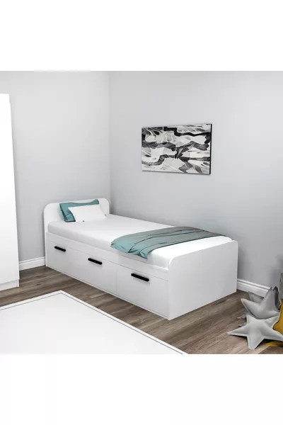 Akser Beyaz Karyola –  Tek Kişilik Yatak Uyumlu, Dolaplı Genç Karyolası
