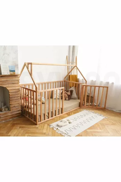 Cm Houten Montessori Bed met Leuning - Massief Houten Bed - 