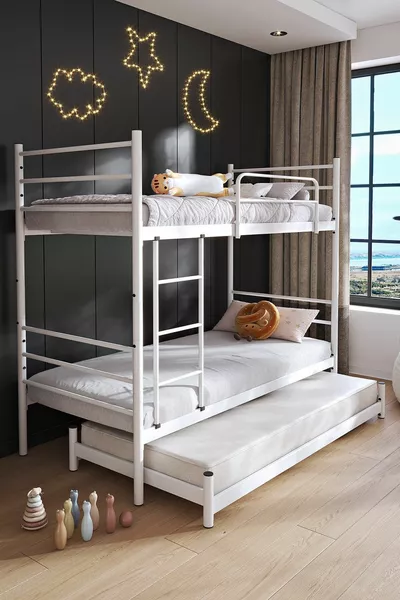 Trend Yavrulu Bunk Bed Compatible with Mattress, 3-Person White Metal Bunk Bed