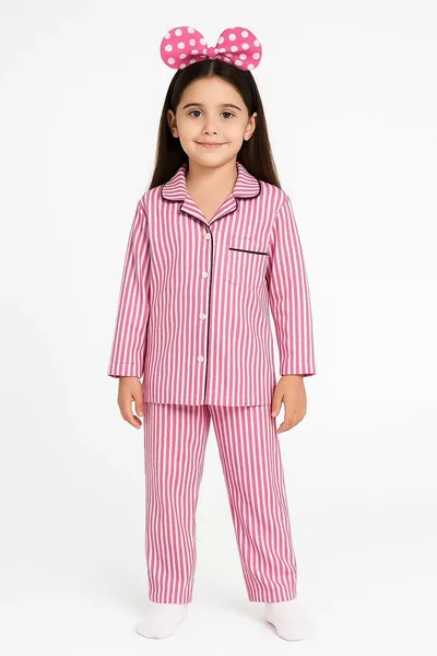 Children's Front-Button Pajamas Striped % Cotton Interlock Fabric