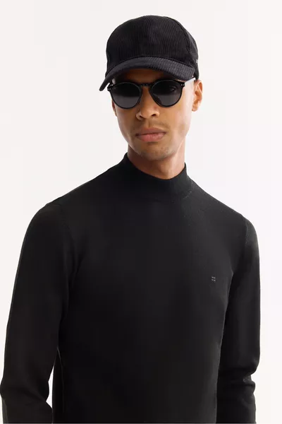 كنزة رجالية سوداء برقبة نصف سلندر مزيج صوف، قياس عادي 