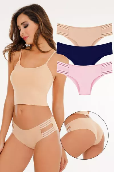 مجموعة 3 سراويل داخلية نسائية بدون خياطة بقص بالليزر -  (مقاس واسع) الطراز-2