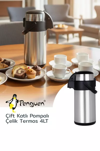 ترمس بمضخة من الفولاذ المقاوم للصدأ بسعة 4 لترات - A - يحافظ على الحرارة لمدة  ساعة والبرودة لمدة  ساعة مع غطاء قابل للقفل