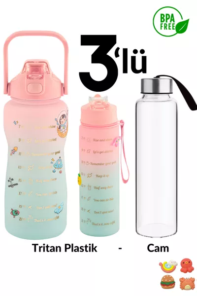 Gourde d'eau rose motivationnelle Lot de 3 Bouteilles d'eau Gourde en plastique 2 litres