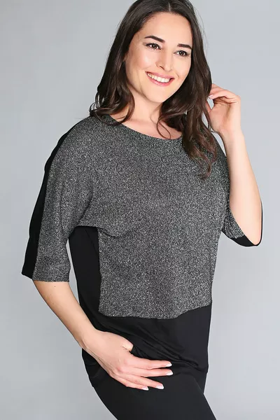 Women's Silver Short Sleeve Glitter Bottom Black Blouse 