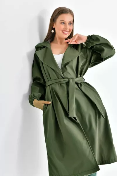Belted Khaki Balloon Sleeve Waterproof and Windproof Fabric Trench Coat 