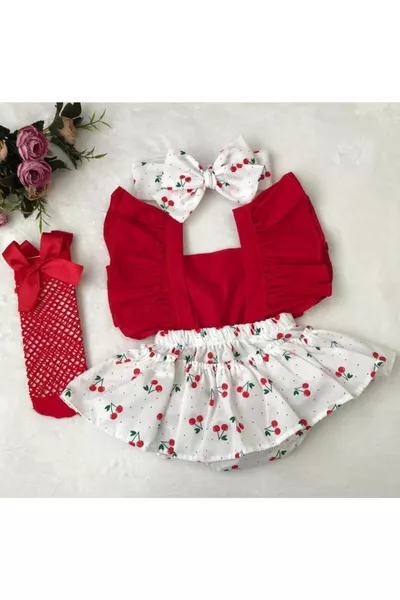 Kız Çocuk Kiraz Desen Fırfırlı Slopet Bandana Kırmızı File Çorap Set