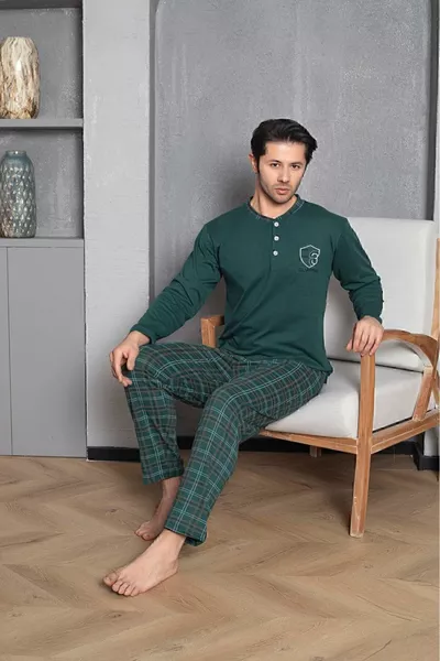 Men's Green Cotton Long-Sleeve Pajama Set with Checked Pants