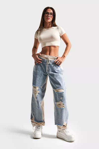 جينز دنيم بتصميم سكاتر للنساء بلون التينت مع تفاصيل ليزر