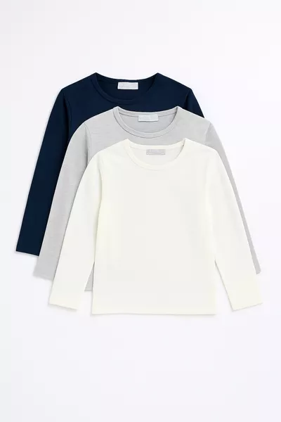 تيشيرت داخلي طويل الأكمام للأطفال الصبيان، مجموعة من 3 قطع، يومي، للمدرسة والرياضة، بلون عاجي، كحلي، ورمادي