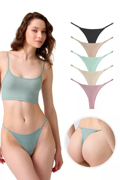 Cotton and Lycra Adjustable Elastic Ribbed Women's Thong Panties 5-Pack