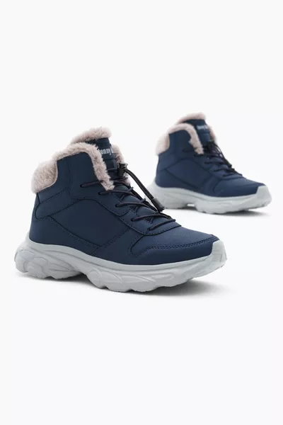 حذاء للأطفال غير محدد النوع باللون الأزرق الداكن، بطبقة داخلية فرو، بكعب مطاطي ورباط